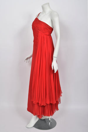 1960's Martha Weathered Couture Ruby-Red Pleated Silk Draped Goddess Gown