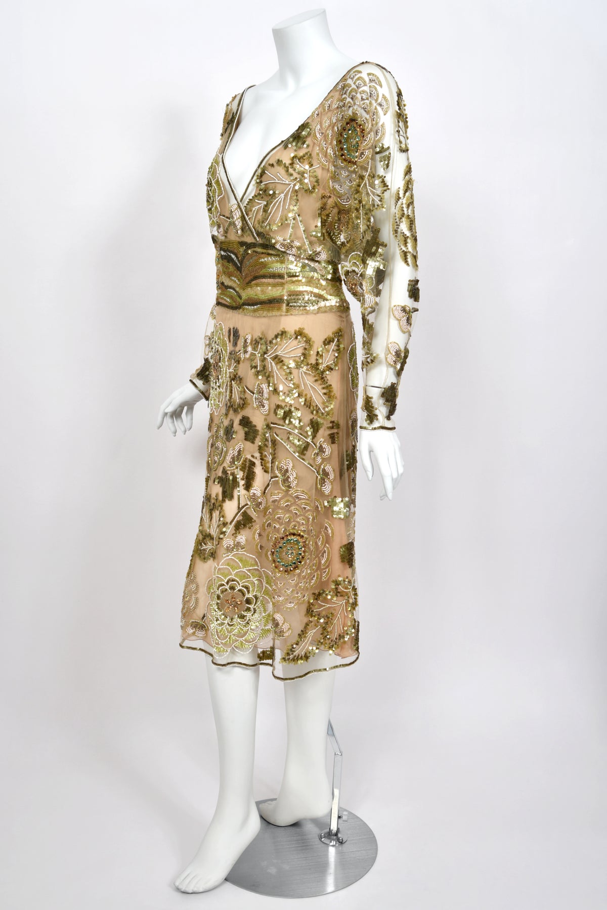 2003 Valentino Runway Heavily Embellished Jeweled Low Cut Nude-Illusion Sheer Net Dress