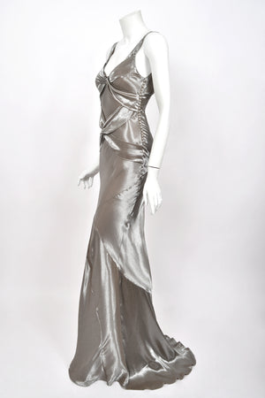 2004 Christian Dior by John Galliano Rare Sample Metallic Silk Lamé Bias-Cut High Slit Gown