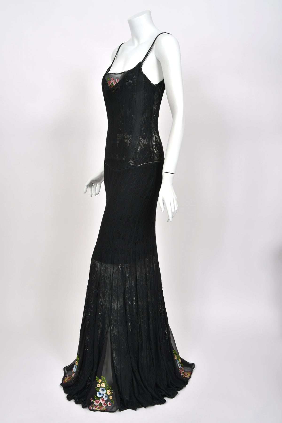 2003 John Galliano Embroidered Floral Sheer Black Pointelle Stretch Knit Bias-Cut Gown