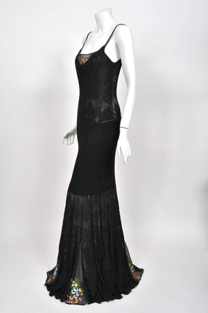 2003 John Galliano Embroidered Floral Sheer Black Pointelle Stretch Knit Bias-Cut Gown