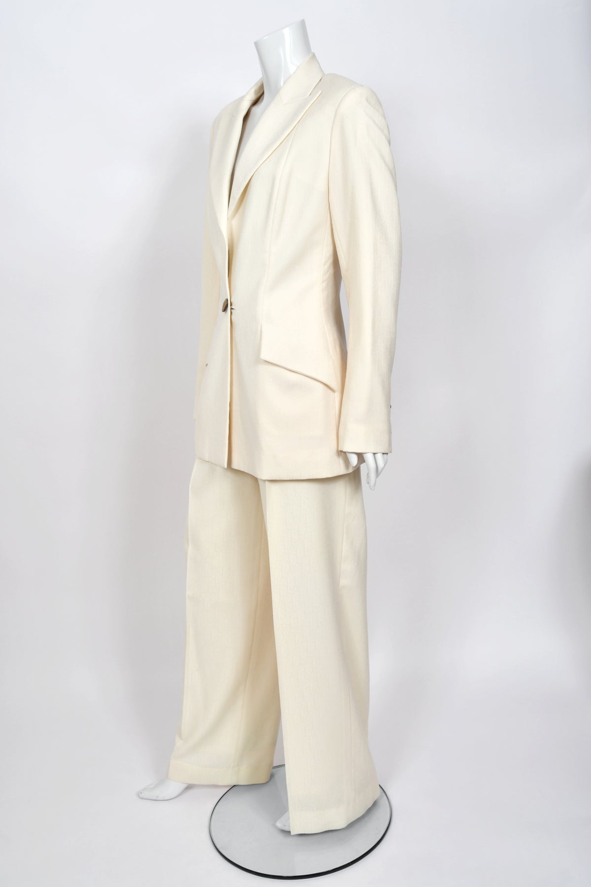 1999 Christian Dior by John Galliano Ivory Logo-Print Silk Enamel Buttons Pantsuit