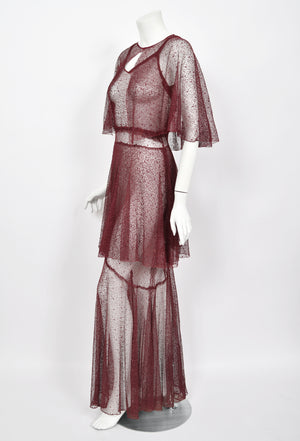 1930's French Sheer Burgundy Lace Tiered Bias-Cut Gown & Matching Capelet