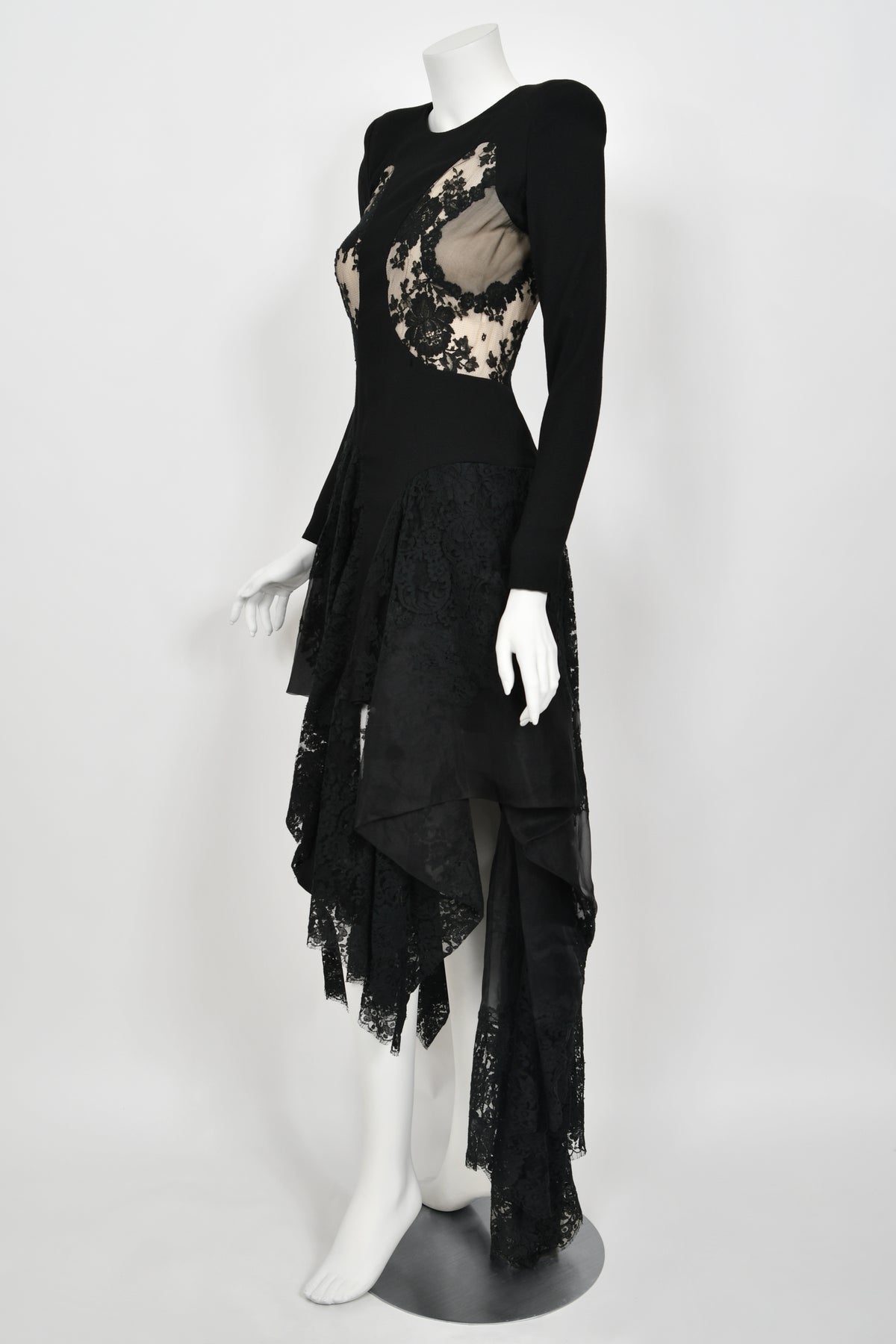 2010 Alexander McQueen Lifetime Black Crepe &amp; Sheer Illusion Lace High-Low Gown