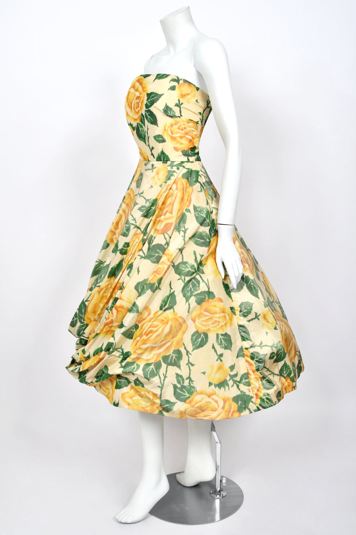 1950's Philip Hulitar Couture Yellow Roses Watercolor Silk Strapless Sculpted Party Dress