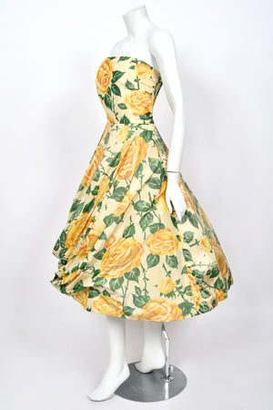 1950's Philip Hulitar Couture Yellow Roses Watercolor Silk Strapless Sculpted Party Dress