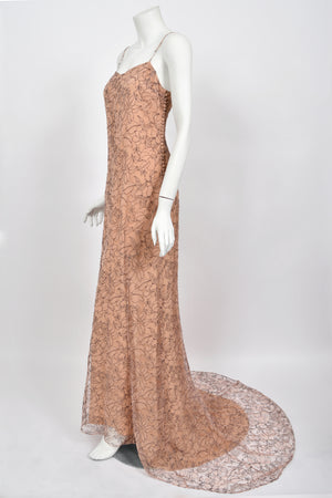 2006 Christian Dior by John Galliano Nude Illusion Floral Lace Trained Lingerie Gown