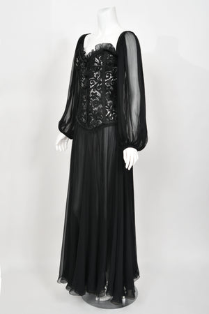 1988 Yves Saint Laurent Documented Black Sheer Silk & Boned Lace Bustier Dress