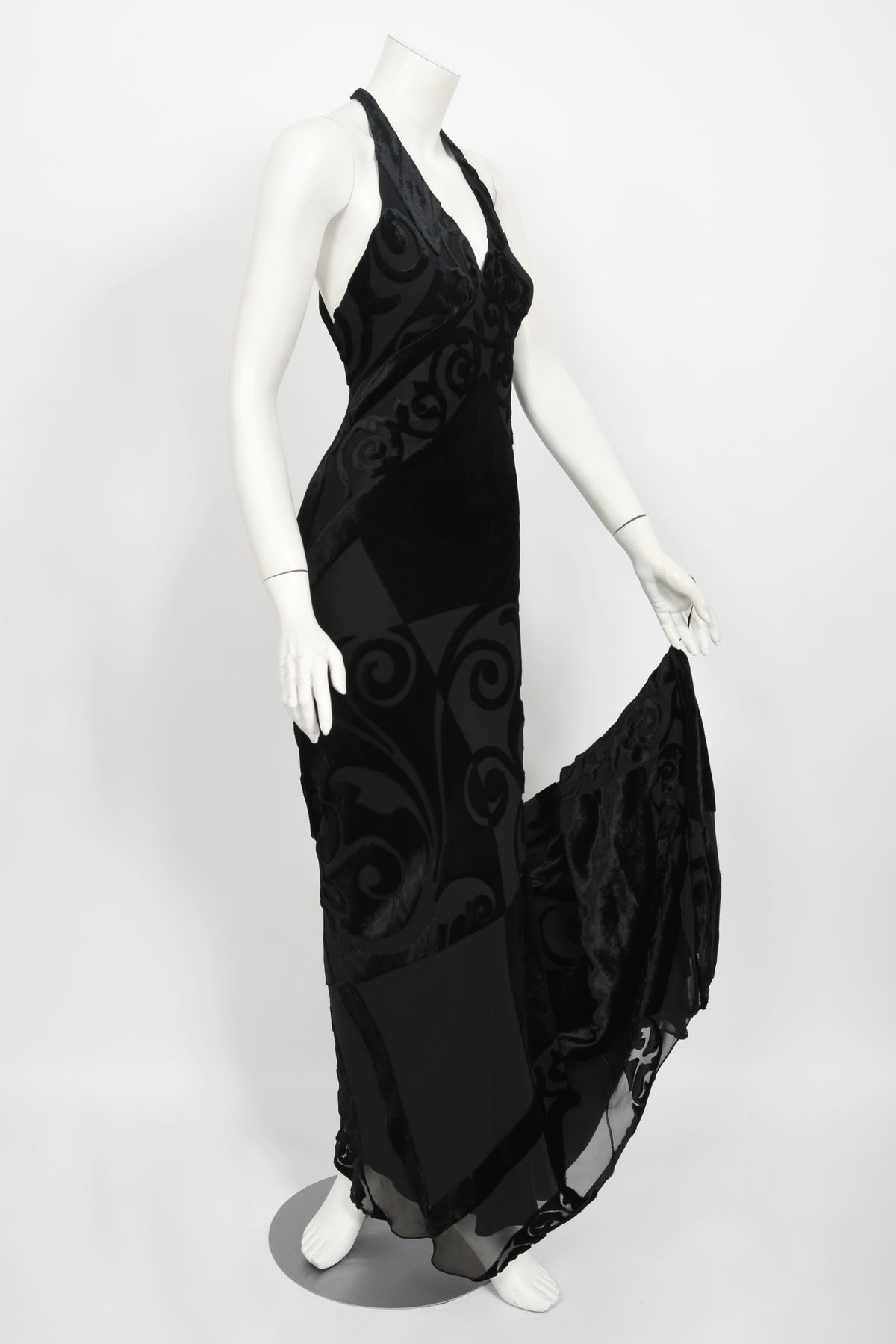 1997 Galindo Couture Black Devoré Velvet Bias-Cut Halter Trained Gown