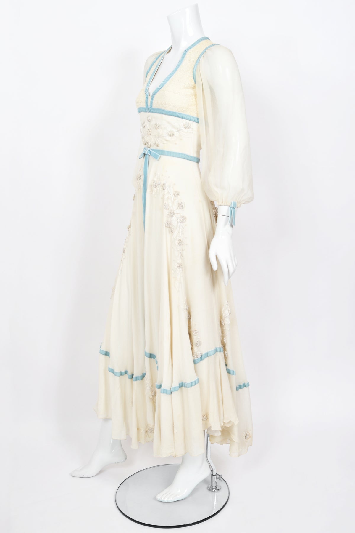 1975 Thea Porter Couture Ivory Silk Embroidered Floral Billow-Sleeve &#39;Gypsy&#39; Dress