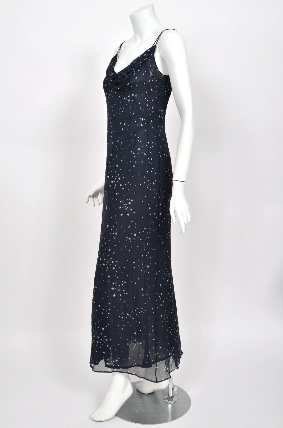 1998 Moschino Runway Navy Blue Sheer Silk Chiffon Star Motif Rhinestone Maxi Slip Dress