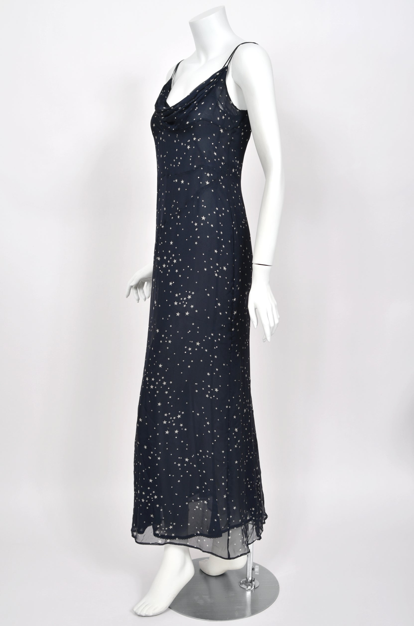 1998 Moschino Navy Blue Silk Chiffon Star Motif Rhinestone Slip Dress - Timeless Vixen 1998 Moschino Navy Blue Silk Chiffon Star Motif Rhinestone Slip Dress - Timeless Vixen