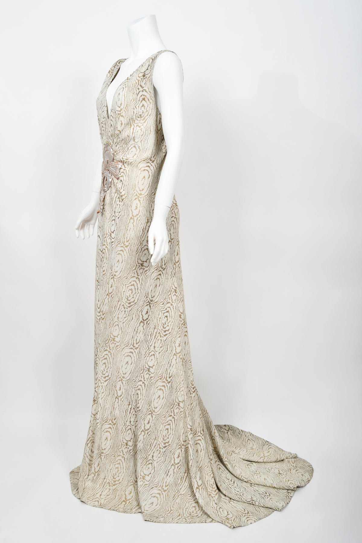 1930's Metallic Wood-Patterned Lamé Deco Appliqué Bias-Cut Trained Bridal Gown