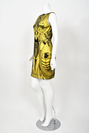 2010 Alexander McQueen Lifetime Insect Tattoo Embroidered Net-Lace Yellow Mini Dress