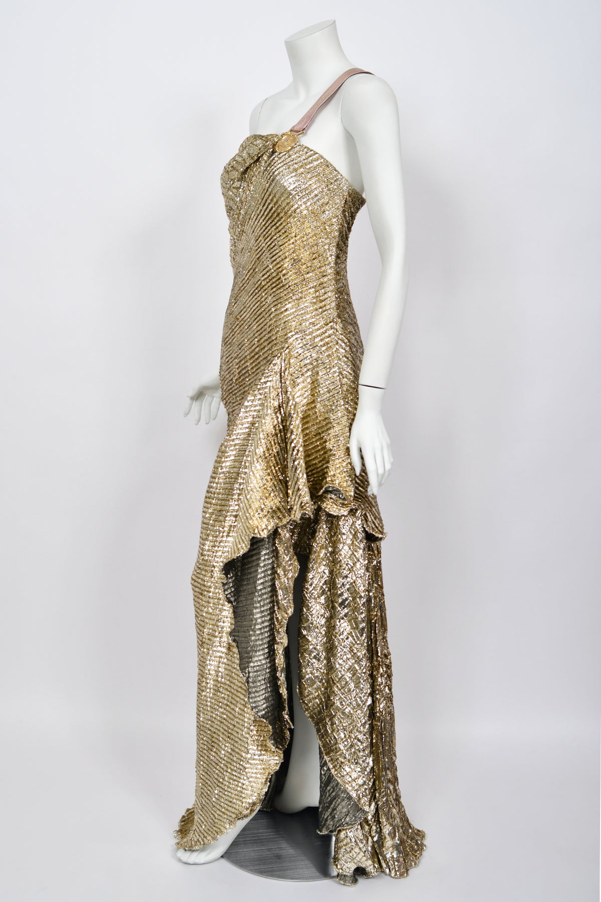 1994 Gianni Versace Couture Runway Metallic Gold Pleated Lamè High-Slit Gown
