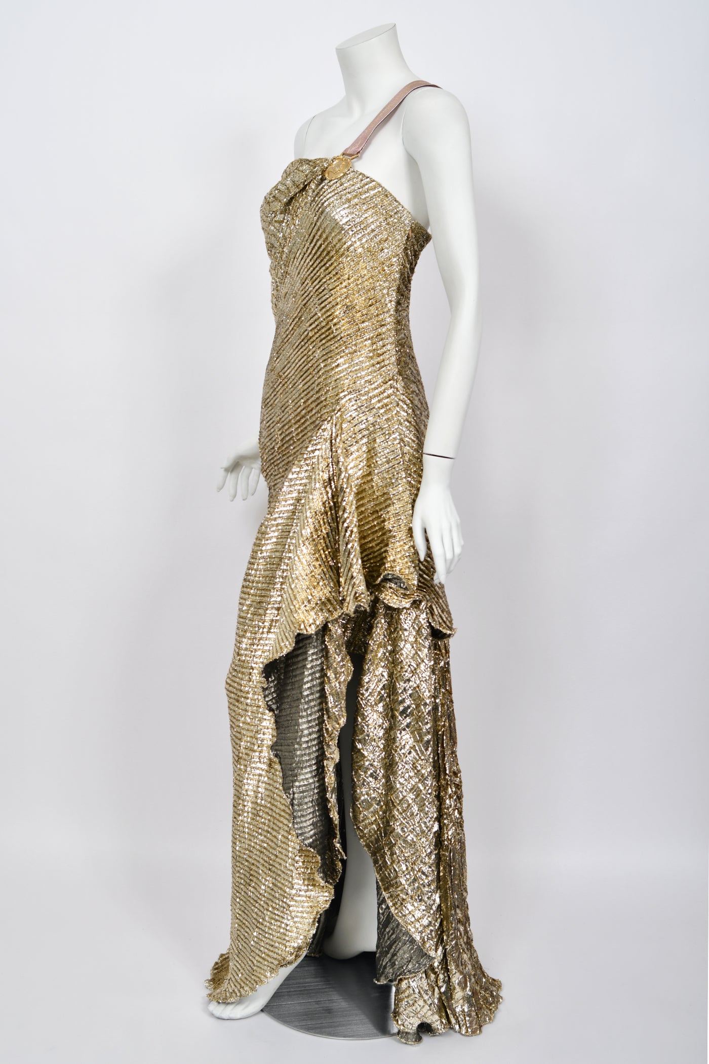 1994 Gianni Versace Couture Runway Metallic Gold Pleated Lam Gown - Timeless Vixen 1994 Gianni Versace Couture Runway Metallic Gold Pleated Lam Gown - Timeless Vixen