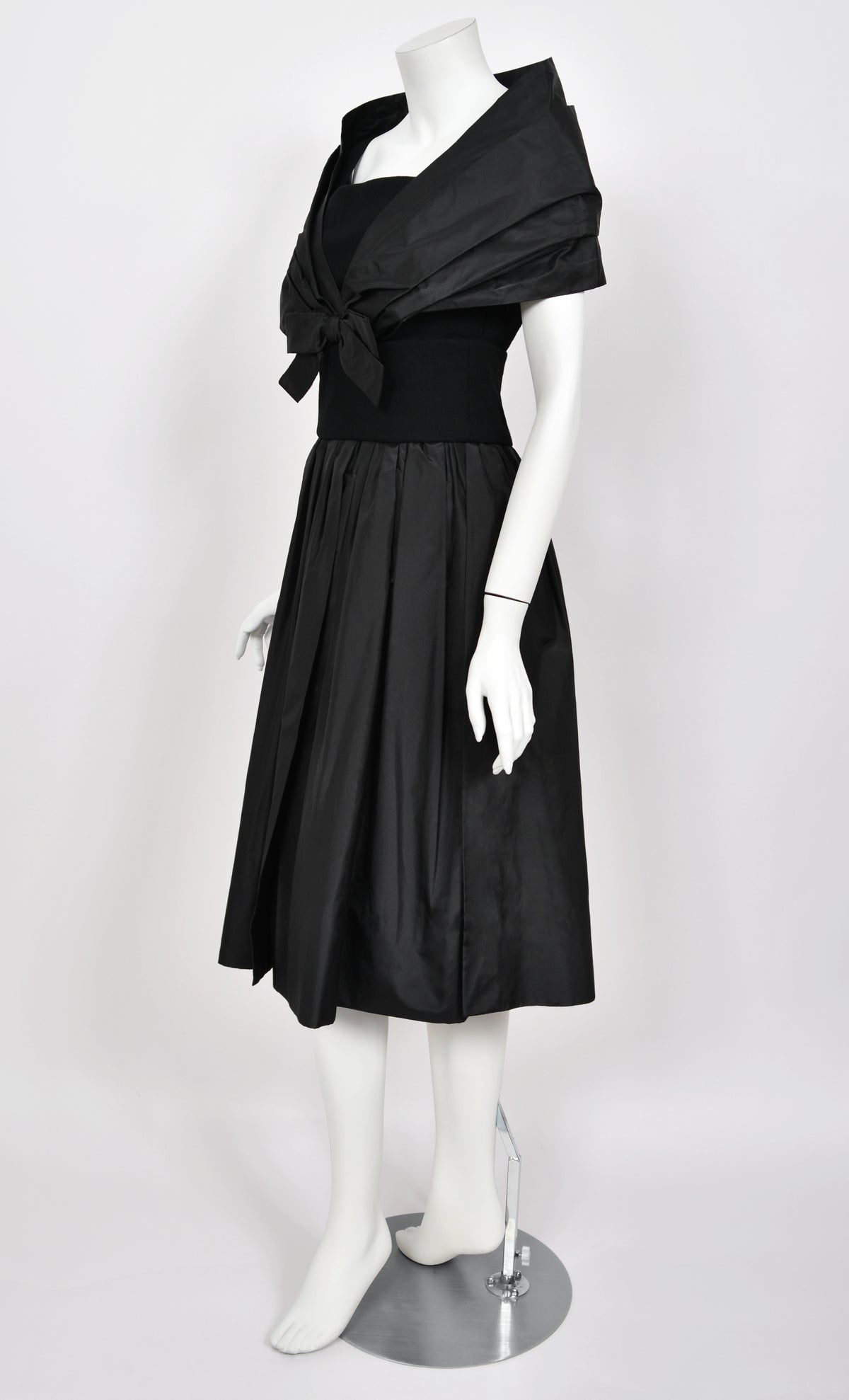 1956 Christian Dior Demi-Couture Black Silk Portrait Collar Skirted Cocktail Dress