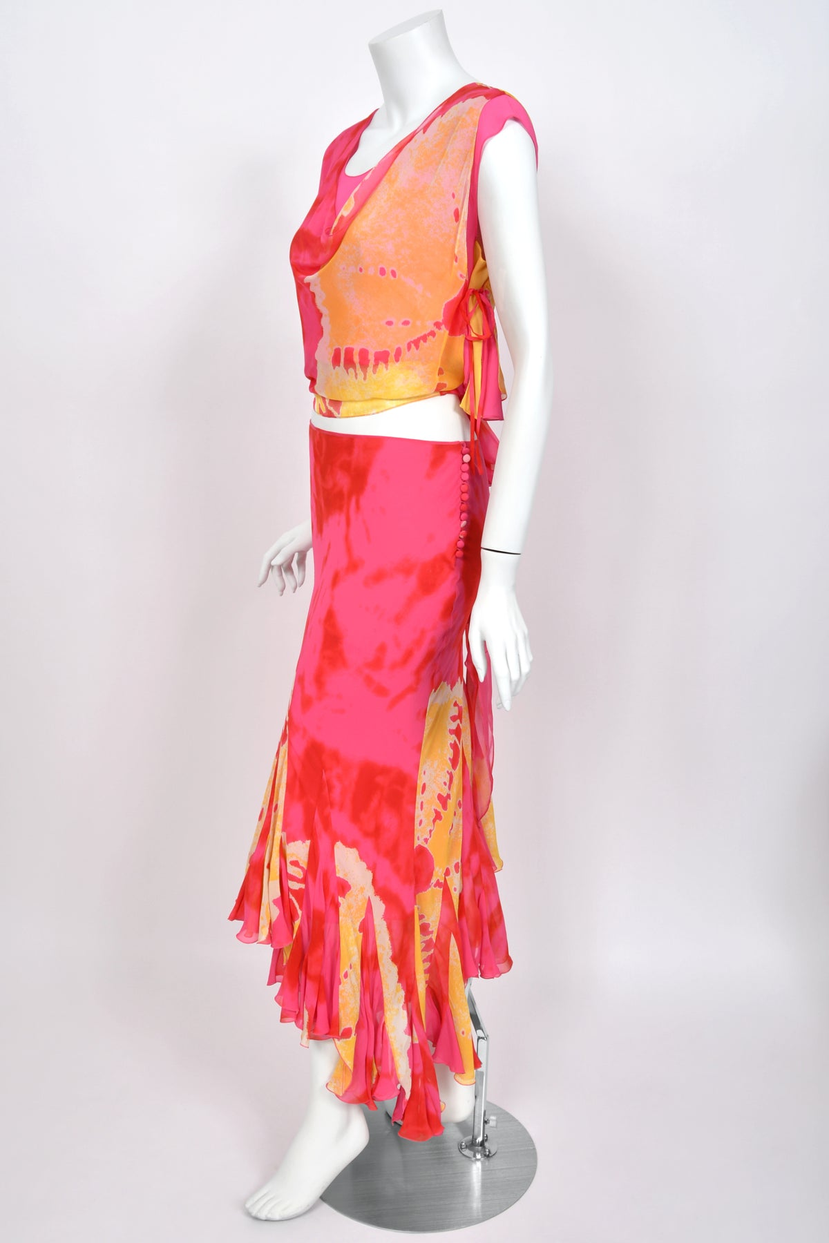 2003 Christian Dior by John Galliano Tie-Dye Pink Yellow Print Silk Cropped Blouse & Bias-Cut Skirt