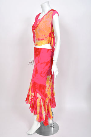 2003 Christian Dior by John Galliano Tie-Dye Pink Yellow Print Silk Cropped Blouse & Bias-Cut Skirt