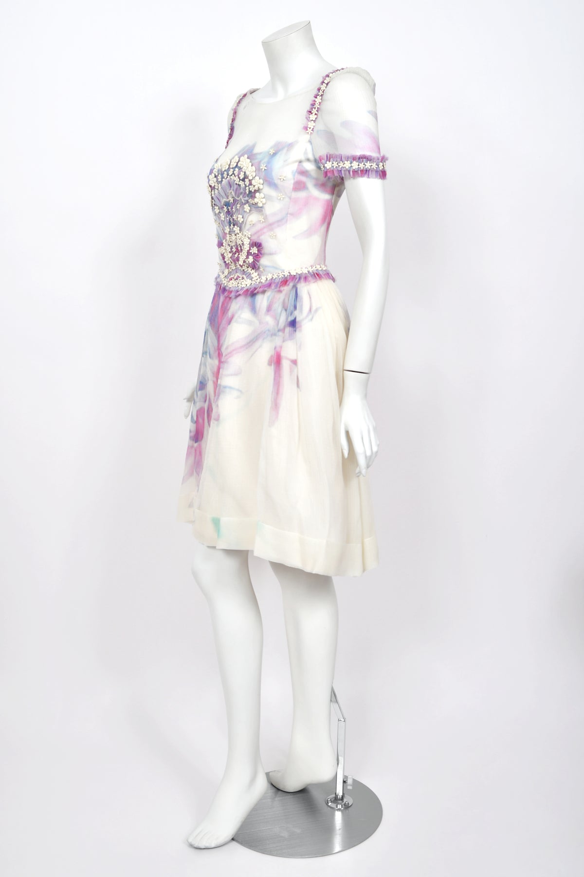 2013 Chanel by Karl Lagerfeld Cruise Collection Beaded Ivory Floral Silk Mini Dress w/Tags