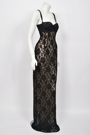 1997 Dolce & Gabbana Sheer Black Stretch Lace Built-In Bra Hourglass Slip Gown