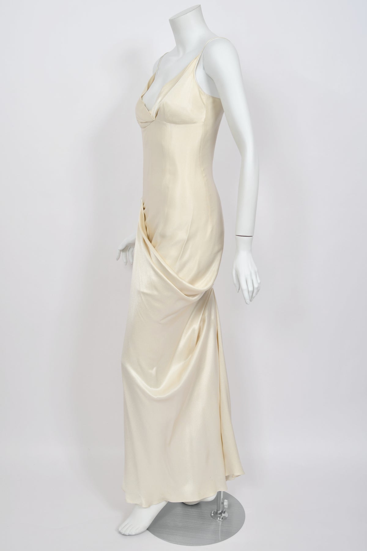 1999 John Galliano Ivory Satin Asymmetric Drape Hourglass Optional Trained Gown