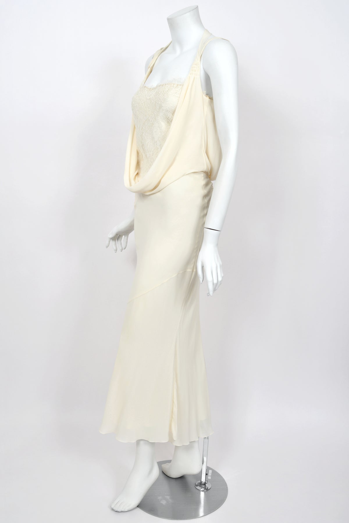 2005 John Galliano Ivory Sheer Silk Chiffon &amp; Chantilly Lace Draped Halter Bias-Cut Gown