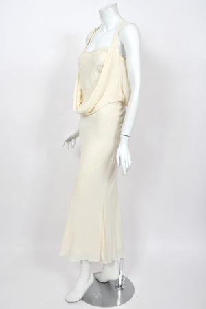 2005 John Galliano Ivory Sheer Silk Chiffon & Chantilly Lace Draped Halter Bias-Cut Gown