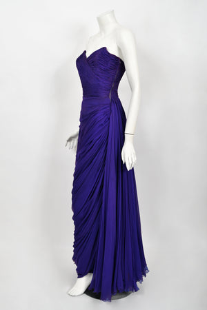 1950's Gigliola Curiel Couture Pleated Purple Silk Chiffon Strapless Goddess Gown