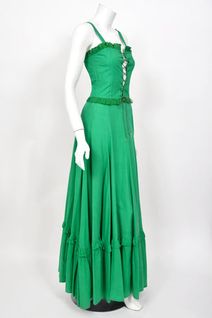 1976 Biba Emerald Green Cotton Lace-Up Corset Top & Matching Maxi Skirt