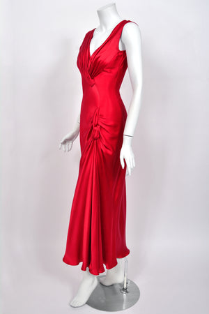 2003 Christian Dior by John Galliano Ruby Red Silk Low Cut Draped High Slit Bias-Cut Dress