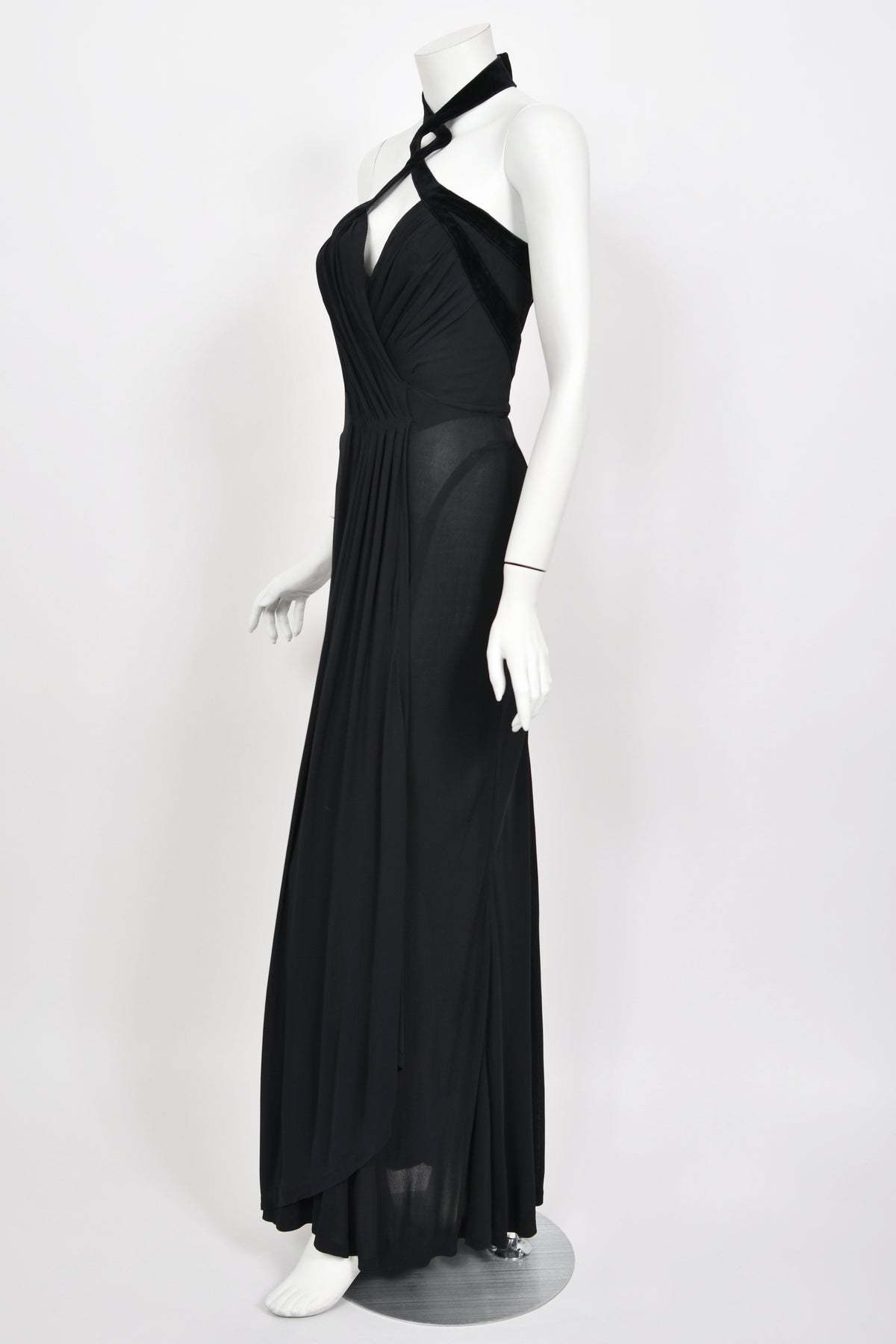 1998 Thierry Mugler Runway Black Silk-Jersey &amp; Velvet Bustier Cut-Out Halter Gown