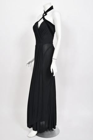 1998 Thierry Mugler Runway Black Silk-Jersey & Velvet Bustier Cut-Out Halter Gown