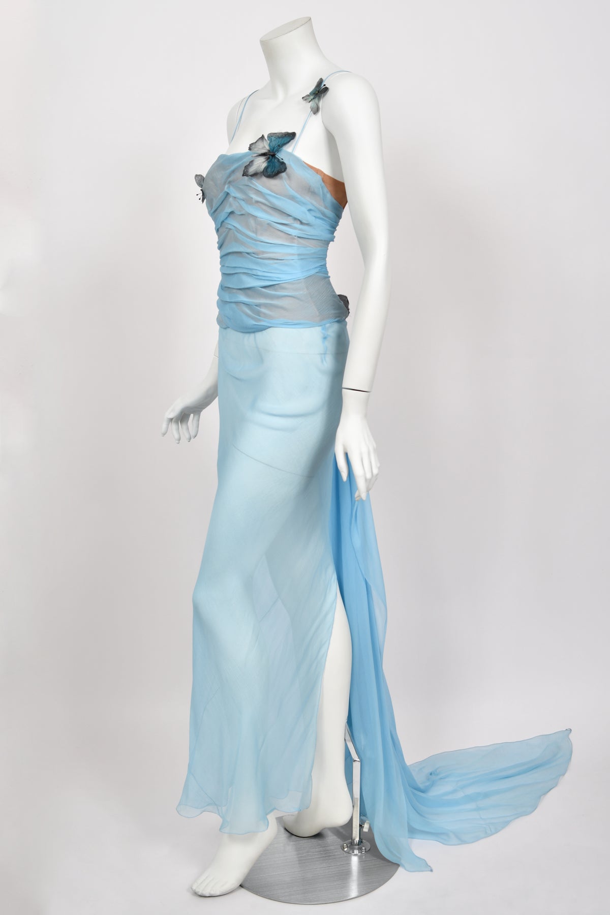 1998 Dolce &amp; Gabbana &#39;Stromboli Collection&#39; Hand-Painted Butterflies Blue Silk Corset Gown