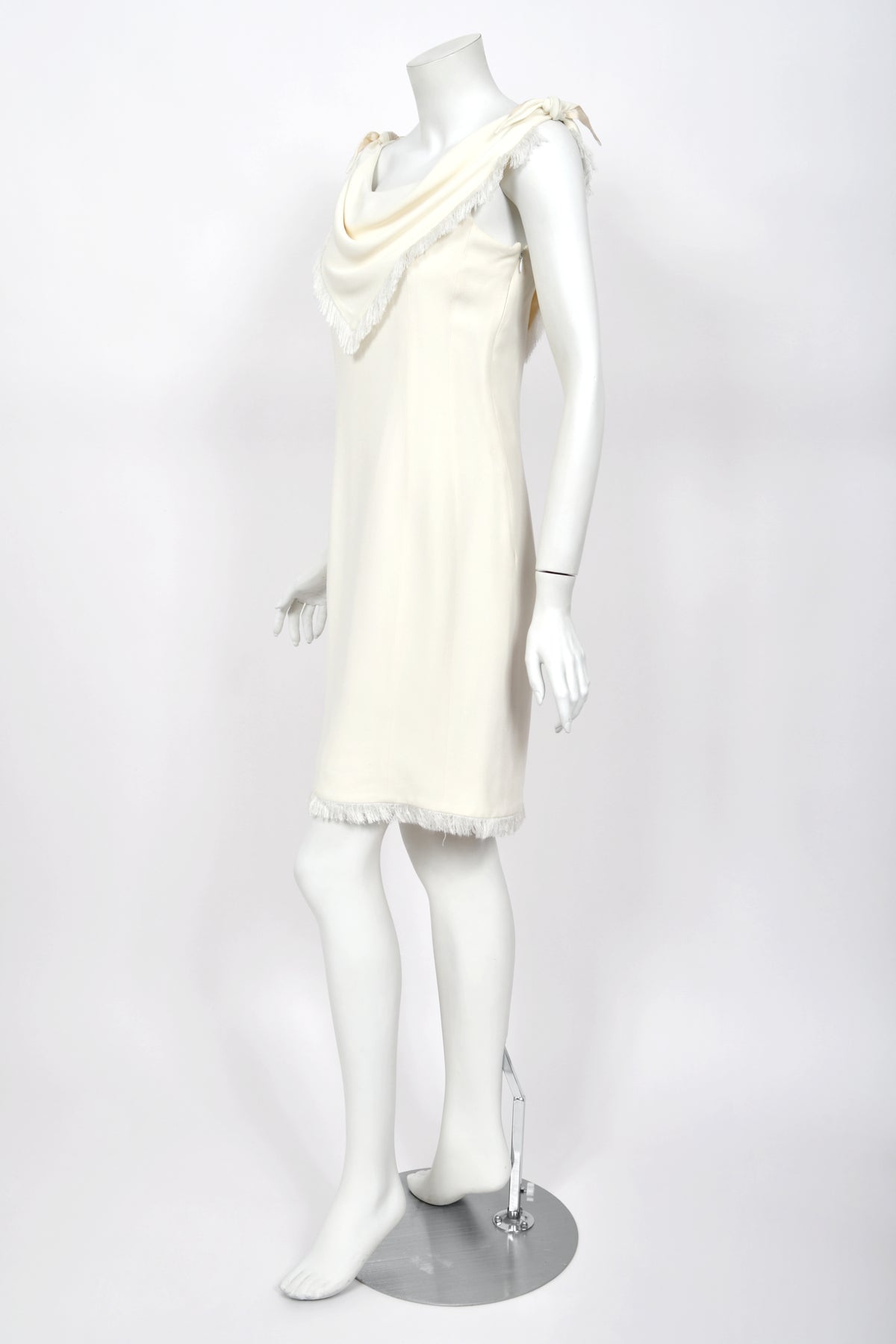 1998 Christian Dior by John Galliano Resort Collection Ivory White Crepe Fringed-Bib Dress