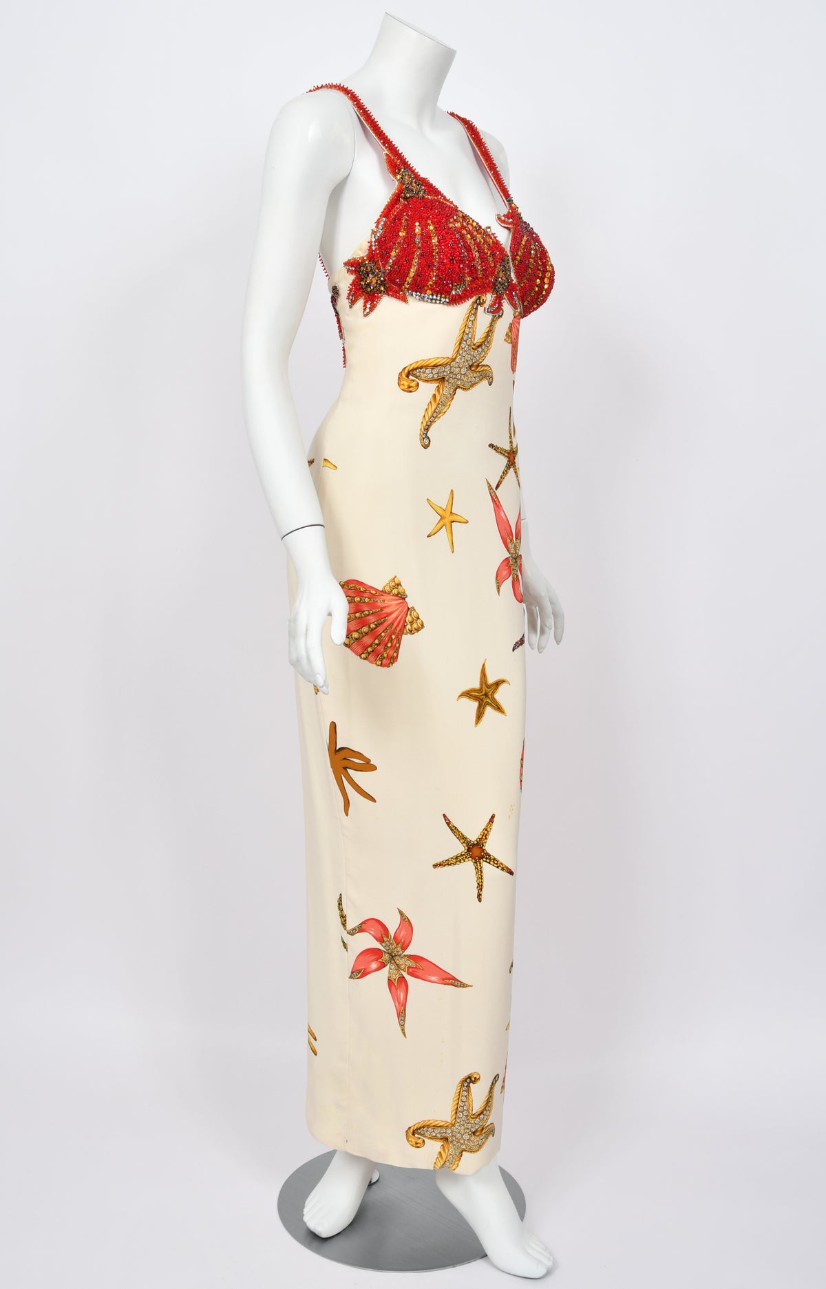1992 Gianni Versace Iconic Crystal Beaded &#39;Seashell&#39; Print Silk Hourglass Gown