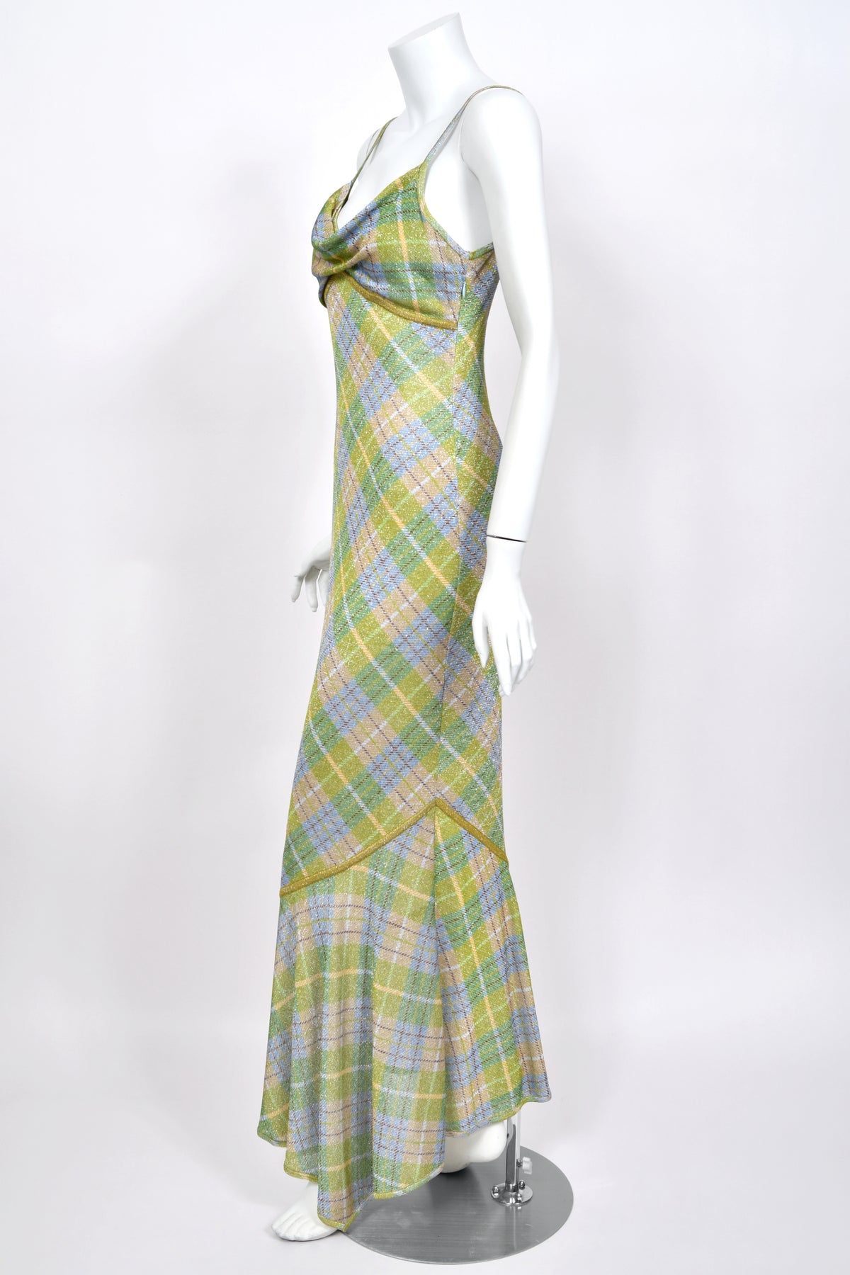 2000 John Galliano Metallic Plaid Lurex Knit Bias-Cut Maxi Dress w/ Matching Cardigan