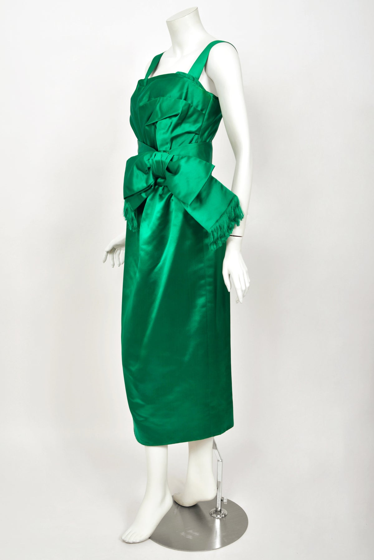 1958 Christian Dior by Yves Saint Laurent Emerald Green Satin Sash-Bow Cocktail Dress