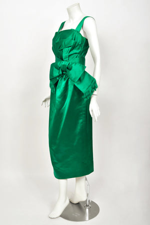 1958 Christian Dior by Yves Saint Laurent Emerald Green Satin Sash-Bow Cocktail Dress