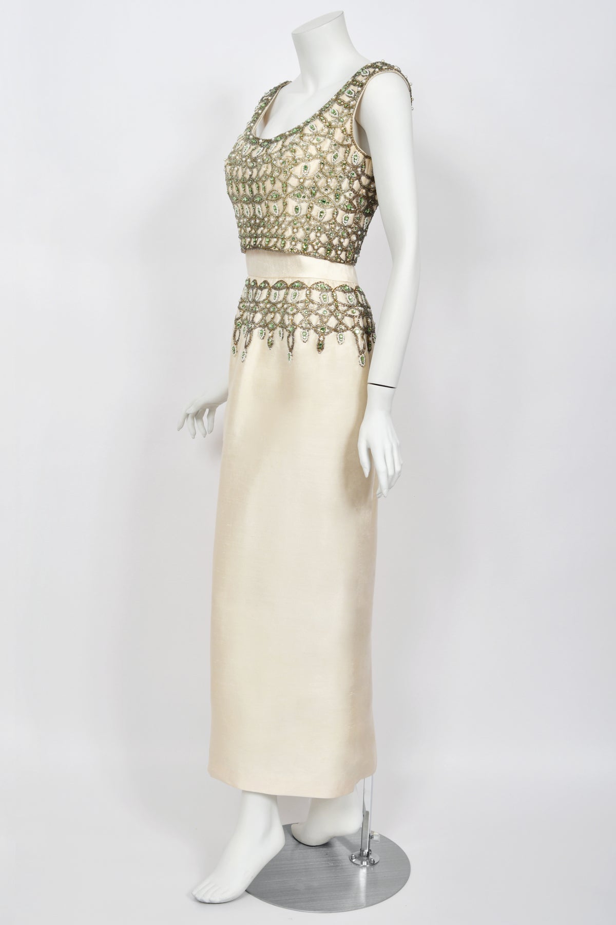1960&#39;s British Crown Colony Beaded Rhinestone Ivory Silk Crop Top Column Gown