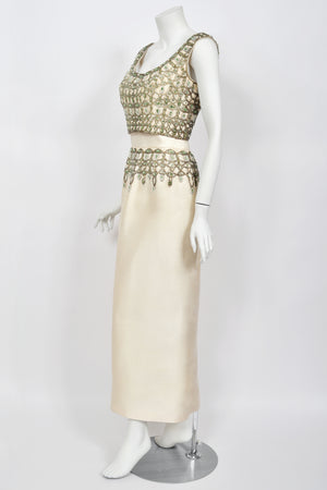 1960's British Crown Colony Beaded Rhinestone Ivory Silk Crop Top Hourglass Gown