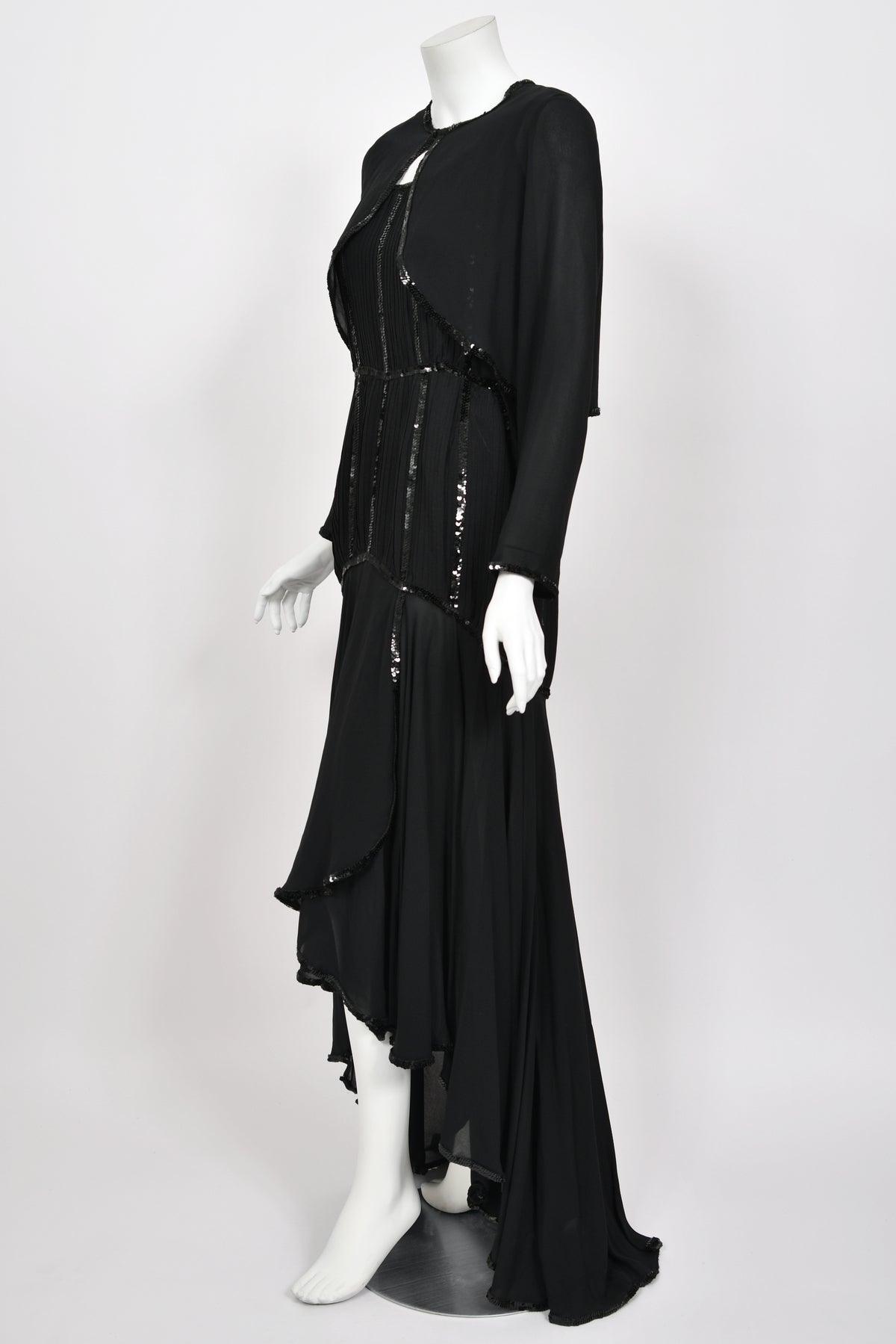 1983 Chanel by Karl Lagerfeld Sequin Pleated Black Silk Crepe High-Low Gown w/ Matching Jacket