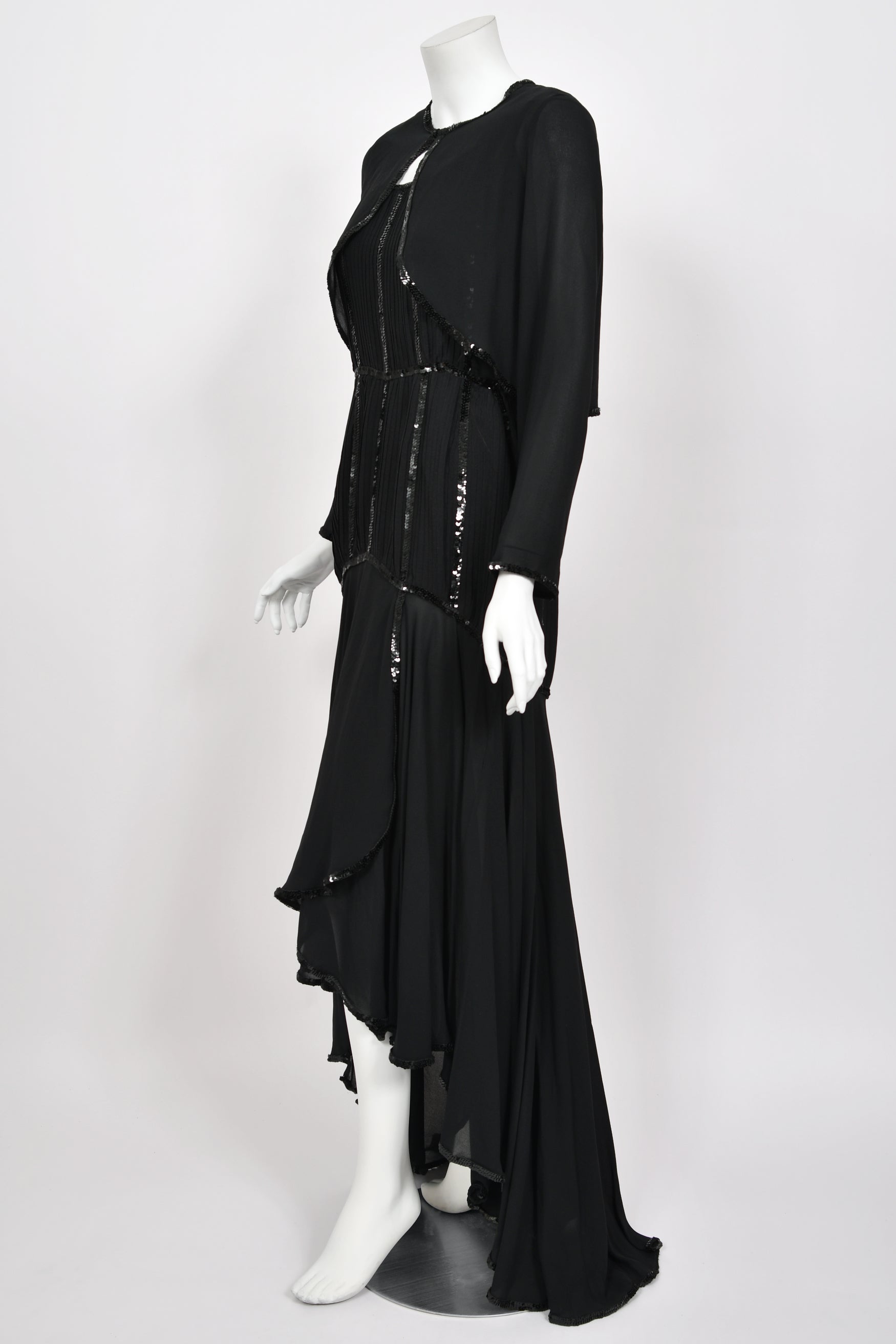 1983 Chanel by Lagerfeld Sequin Pleated Black Silk Crepe Gown w/ Jacket - Timeless Vixen 1983 Chanel by Lagerfeld Sequin Pleated Black Silk Crepe Gown w/ Jacket - Timeless Vixen