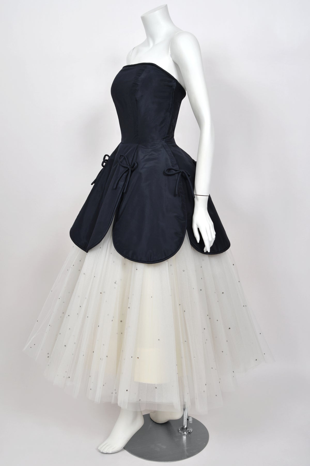 1950’s Edith Small Navy Silk &amp; Rhinestone White Tulle Strapless 'Petal' Dress w/ Shawl