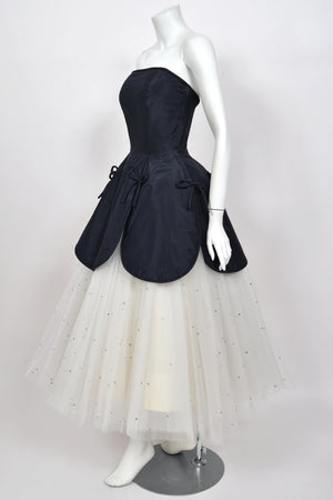 1950’s Edith Small Navy Silk & Rhinestone White Tulle Strapless 'Petal' Dress w/ Shawl