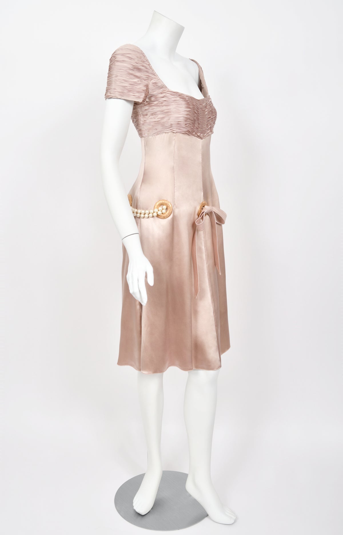 2005 Valentino Runway Blush Pink Silk Pleated Bodice Draped Pearl-Belted Dress