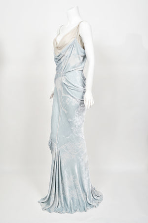 2006 Christian Dior by John Galliano Ice Blue Silk Velvet Asymmetric Draped Bias-Cut Gown