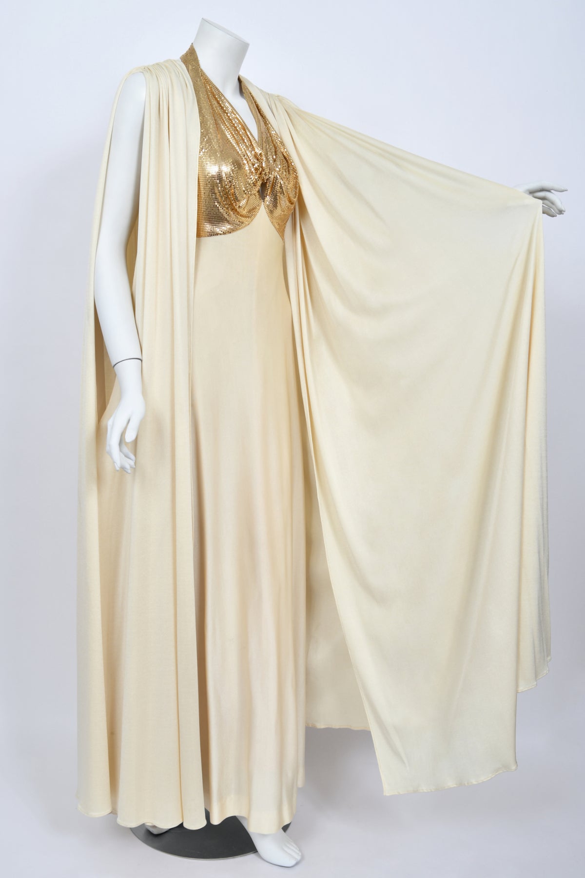 1972 Loris Azzaro Couture Ivory Silk-Jersey &amp; Gold Metal Mesh Backless Gown w/ Cape