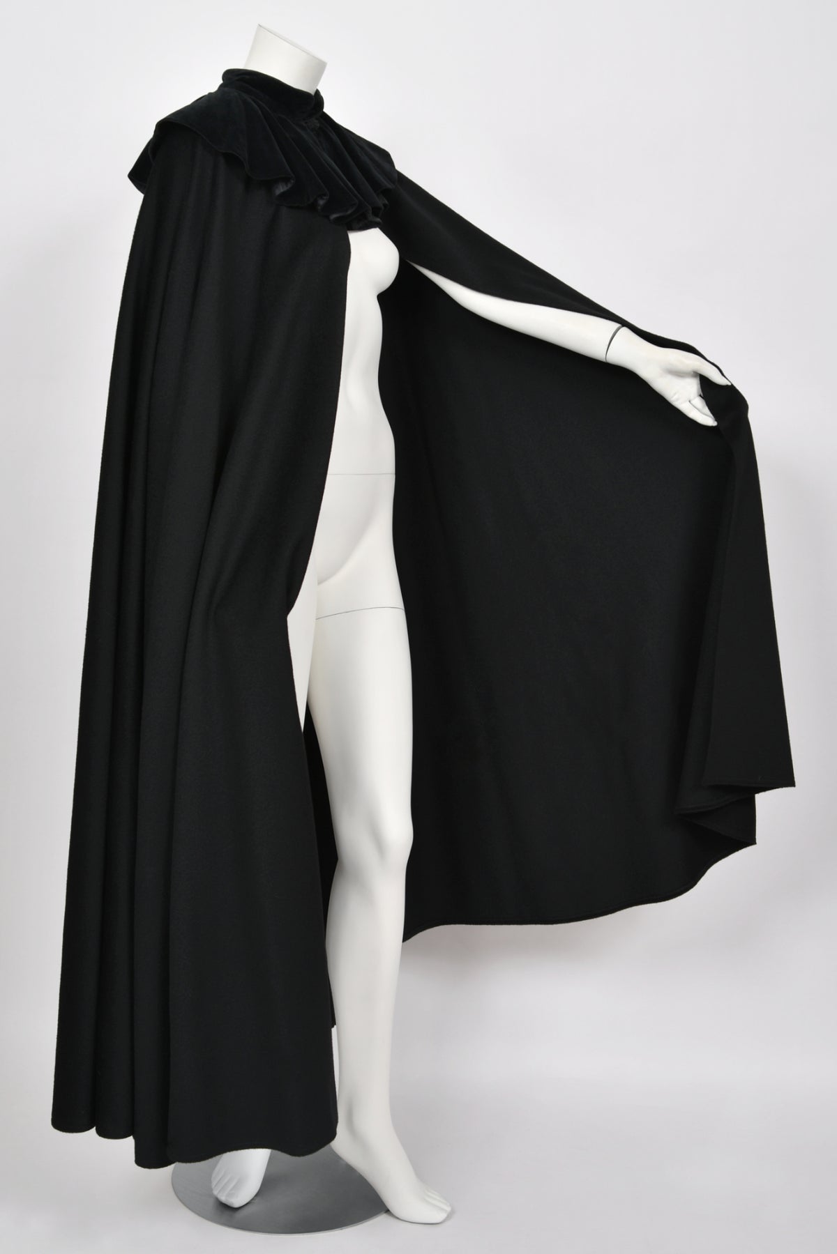 1983 Christian Dior Haute Couture Black Wool &amp; Silk-Velvet Full Length Cape