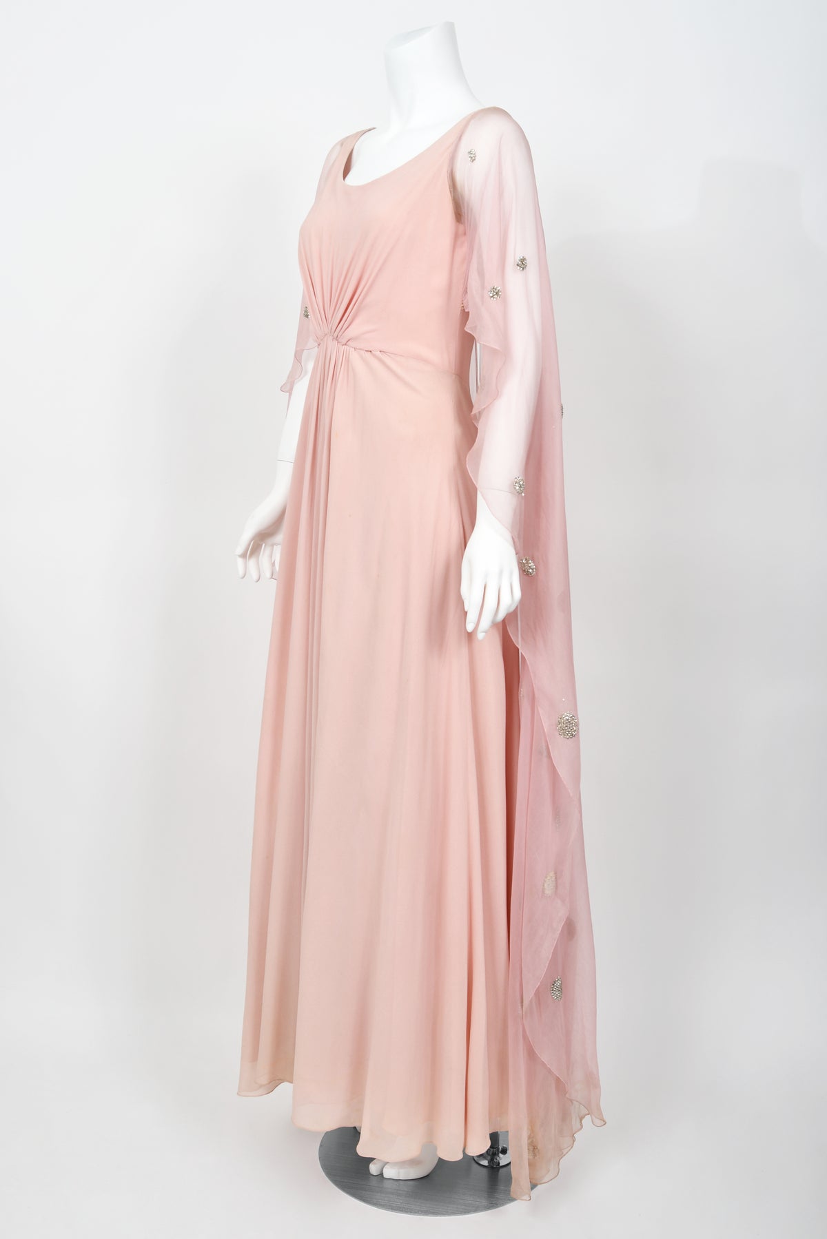 1974 Valentino Haute Couture Pale-Pink Beaded Crystal Silk Winged Cape Gown